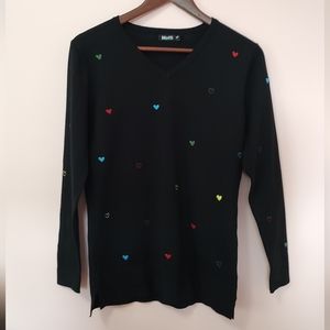 Offi Black V-Neck Sweater with Multicolor Heart Motif